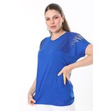 Şans Kadın Büyük Beden Saks Angels Taş Detaylı Kısa Kollu Bluz 65N37675