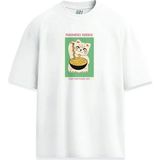 Şans Kedisi Japon Lucky Cat Maneki Neko Baskılı Unisex Tişört - Beyaz - XL