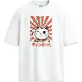 Şans Kedisi Japon Lucky Cat Maneki Neko Baskılı Unisex Tişört - Beyaz
