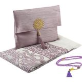 Şantuk Keseli Tafta Seccade ve Inci Vavlı Tesbih Set , Taşınabilir Namaz Seti, Hediye Seti - Lila - 120 x 70 cm