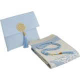 Şantuk Keseli Tafta Seccade ve Inci Vavlı Tesbih Set , Taşınabilir Namaz Seti, Hediye Seti - Mavi - 120 x 70 cm