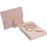 Şantuk Keseli Tafta Seccade ve Inci Vavlı Tesbih Set , Taşınabilir Namaz Seti, Hediye Seti - Pudra - 120 x 70 cm