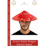 #Şapka Kırmızı Saten Nakışlı Geleneksel Çin Desenli Parti Sahne Dragon İşlemeli Lastikli Şapka