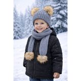 ŞAPKAKİDS GRİ NATUREL ÇİFT PONPONLU TRİKO ATKI BERE SET