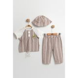Şapkalı 3'lü Çizgili Bebek Takımı 9-12-18 Ay - Body+Şort+Şapka Müslin Set - 9 Ay - Kahverengi
