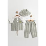Şapkalı 3'lü Çizgili Bebek Takımı 9-12-18 Ay - Body+Şort+Şapka Müslin Set - Yeşil