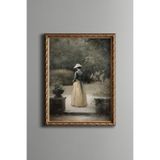 Şapkalı Kadın Bahçe Sahnesi - Vintage Desenli Çerçeve - İnce Model, Altın2, 15 x 21