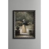 Şapkalı Kadın Bahçe Sahnesi - Vintage Desenli Çerçeve - İnce Model, Gümüş, 15 x 21