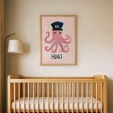 Şapkalı Sevimli Ahtapot Çocuk Odası Duvar Posteri Çerçeveli Tablo Duvar Dekorasyonu - 30 x 40 - Ahşap Çerçeveli