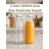 Sara Shoop 2 Adet 1 Litre Beyaz Sızdırmaz Kapaklı Şeffaf Cam Süt Ayran Limonata Meşrubat Içecek Şişesi