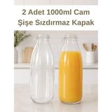Sara Shoop 2 Adet 1 Litre Sızdırmaz Kapaklı Şeffaf Cam Süt Ayran Limonata Meşrubat Içecek Şişesi - 1LT