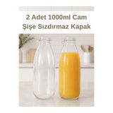sara shoop 2 Adet 1000ml Sızdırmaz Kapaklı Şeffaf Cam Süt Ayran Limonata Meşrubat İçecek Şişesi