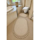 Sarar Yıkanabilir Örgü Saçaklı Kaymaz Taban Yumuşak Peluş Banyo Paspası 2'li Set 60x100ve50x60 Bej