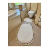 Sarar Yıkanabilir Saçaklı Kaymaz Dot Taban Yumuşak Peluş Banyo Paspası 2'li Set 60x100ve50x60 Beyaz