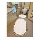 Sarar Yıkanabilir Saçaklı Kaymaz Dot Taban Yumuşak Peluş Banyo Paspası 2'li Set 60x100ve50x60 Krem