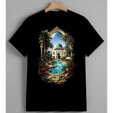Saray Havuzu Islam Mimarisi Baskılı Unisex Erkek Kadın Oversize Tişört Siyah - XL