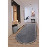 Saraz Halı Puffy Gri Oval Örgü Saçaklı Peluş Yumuşacık Yıkanabilir Kaymaz Taban Halı Salon Oturma Odası - 100 x 400 cm - Antrasit