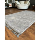 Saraz Halı Puffy Yıkanabilir Gri Kabartma Desenli Pamuk Salon Halısı Püsküllü Modern Tasarım S52 - 120 x 180 cm