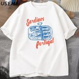 Sardalya Kalaylı Balık T-Shirt Portekiz Tshirt Vintage Seyahat Balık Tgrafik Tee Avru 2843 - Beyaz