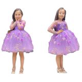 Sare Çocuk Giyim kız çocuk dress elbise 3 boyutlu çiçek figürlü lila kabarık prenses abiye elbise doğum günü özel gün düğün elbisesi (2 yaş)