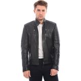 Sare Mod Hakim Yaka Omuz Çizgili Hakiki Erkek Deri Ceket - 3XL - 001 Siyah - Regular Fit