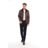 Sare Mod Kürk Yaka Erkek Deri Ceket Deri Mont - 3XL - 0-Kahverengi - Regular Fit