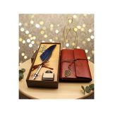 Sarego Özel Tasarım Tüylü Mürekkepli Mühürlü Divit Hokka Set Nostaljik Yaprak Desen Deri Defter Lüx Hediye