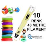 SARI 3D Kalem Yazıcı+10 renk 40 metre (10x4metre) PLA Filament