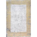 Sarı Çerçeveli Modern Geometrik Etnik Eskitme Desenli Boho Makinada Yıkanabilir Hafif Hav Toz Vermez Leke Tutmaz Kaymaz Taban Dijital Makine Baskı Halı Oturma Odası Salon Yolluk Koridor Mutfak Halısı