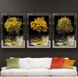 Sarı Çiçekli Ağaç Temalı Aynalı Çerçeveli 3 lü Kanvas Tablo Seti 150x70 cm SETS0055