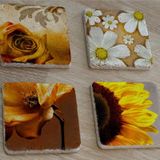 Sarı Gül ve Çiçekler Doğal Taş Bardak Altlığı 4'lü set - Natural Stone Coasters