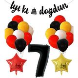 Sarı Kırmızı Beyaz Siyah Pastel Balon Siyah Rakam Folyo Balon Yıldız Folyo Balon Doğum Günü Balon Seti 7 Yaş