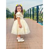 Sarı Kurdaleli Vintage Kız Bebek Elbise,Doğum günü elbise,fotoğraf çekim elbise,0-12 Yaş Uygun - Krem