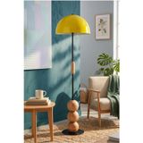 Sarı Lambader Retro Tasarım Natürel Ahşap Detaylı Metal Gövdeli Modern Dekoratif Zemin Lambası