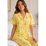 Sarı Limon Desenli Kısa Kollu Gömlek Yaka Milan Kumaş Kadın Pijama Takımı