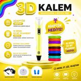Sarı Renk 3D Kalem 3D Pen Yazıcı Kalem 10 Parça 50+9 Metre Filament Adaptörlü Eğlenceli Tasarım