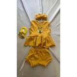 Sarı Ribana Kız Bebek-Çocuk Şort Bluz Bandana Babet Çorap Set 6-36 Ay - 18 - 24 Ay