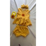 Sarı Ribana Kız Bebek-Çocuk Şort Bluz Bandana Babet Çorap Set 6-36 Ay - Sarı - Sarı - 9 - 12 Ay