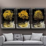 Sarı Yapraklı Ağaçlar Temalı Aynalı Çerçeveli 3 lü Kanvas Tablo Seti 150x70 cm SETS0353