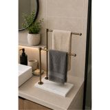 Sarıkaya Granit Doğal Beyaz Mermer Tabanlı Çift Kollu Eskitme Gold Metal Havluluk | Tezgah Üstü Banyo Havlu Standı | 25x15 cm