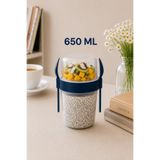 Sariva Home 650 ML Çift Bölmeli Yoğurt ve Müsli Kabı, Kaşıklı Çatallı Granola Kabı, Salata ve Kahvaltılık Saklama Kabı, Sızdırmaz, BPA İçermez