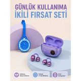 Şarj Kutulu Kablosuz Kulaklık ve Askılı Analog Charm Saat Kampanya Seti Mor Mavi - standart