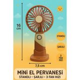 Şarjlı 3 Farklı Fan Hızında Standlı Mini El Pervanesi Masa Vantilatör El Fanı - Açık Kahverengi