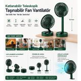 Şarjlı Katlanabilir Masaüstü Vantilatör, Yeşil, Yükseklik Ayarlı, 3 Kademeli Hız, USB Şarjlı, Sessiz Taşınabilir Mini Fan