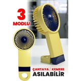 Şarjlı Mini El Fanı Standlı Çantaya Kemere Asılabilir, 3 Modlu Güçlü Serinletici Vantilatör Pervane - Sarı - Lacivert
