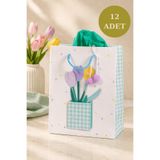Sarkap 12'li 23x18x10 cm Özel Tasarım Mavi Saksı Desenli Hediyelik Karton Çanta