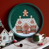 Sarkap Home 34 cm Yılbaşı Desenli Dekoratif Metal Tepsi - Bread House - Çok Renkli