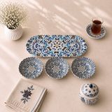 Sarkap Home 3'lü 10X3,2 cm Çerezlik ve 16X35 cm Sunumluk Tepsi Seti - Mavi Etnik Desenli