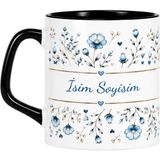 Saruhan Concept Mavi Çiçek Desenli Isme Özel Kupa Bardak – Kişiye Özel Hediyelik Porselen Siyah Kulplu Kupa - Beyaz