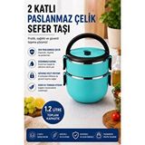 SAS 2 Katlı 1.2 Litre Paslanmaz Çelik Sefer Tası Sızdırmaz Kapaklı Yemek Taşıma Kabı Bento Lunch Box 304 Çelik Turkuaz